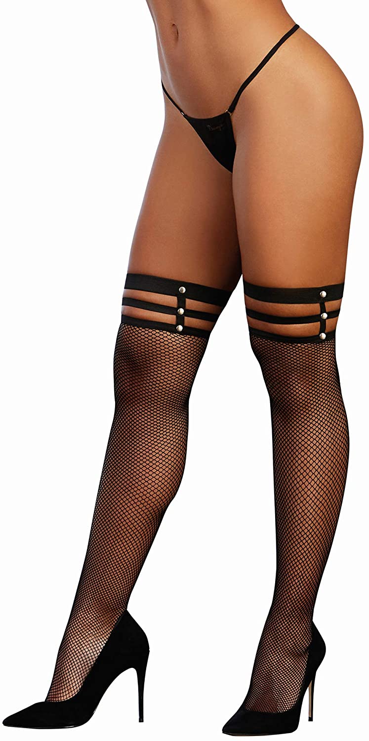 Price:$15.00 Women's Fishnet Thigh High Stockings with Strappy Elastic Top, Black, One Size: Clothing, Shoes & Jewelry