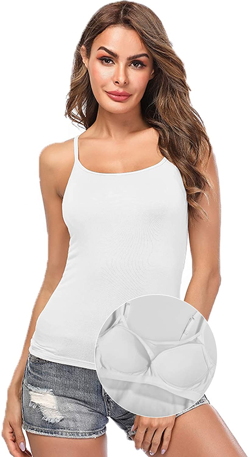 Price:$16.45 Camisole with Built-in Bra Cup Strap Supportive Padded Tank Top Layering Cami Undershirt for Yoga at Amazon Women’s Clothing store