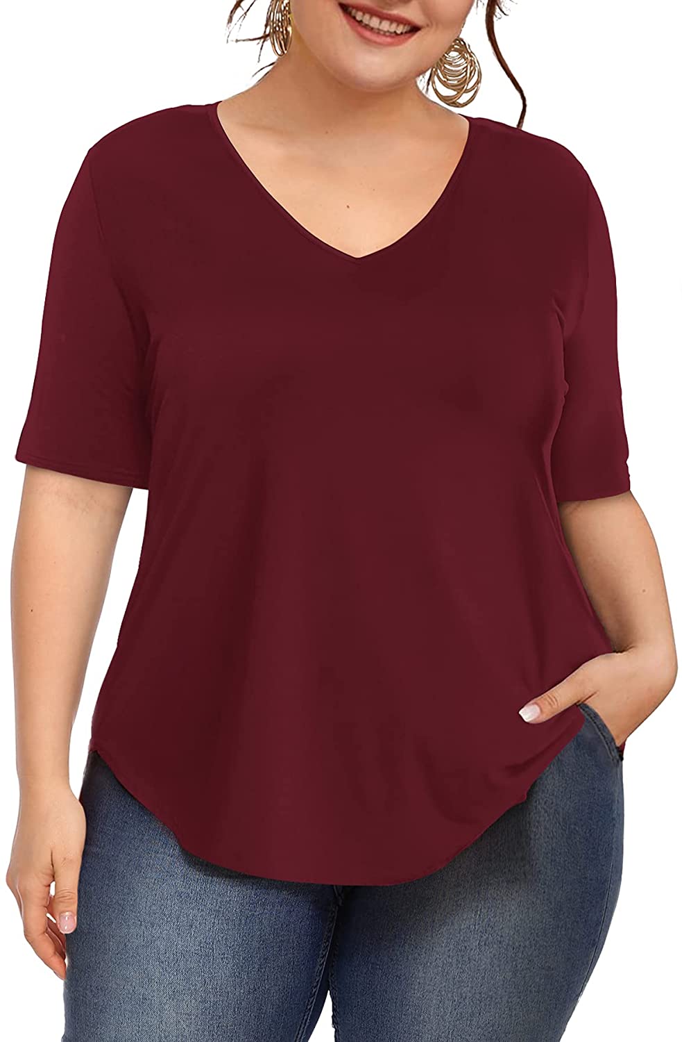 Price:$9.99 Womens Plus Size Tops V-Neck Short/Long Sleeve T-Shirt Casual Blouse at Amazon Women’s Clothing store