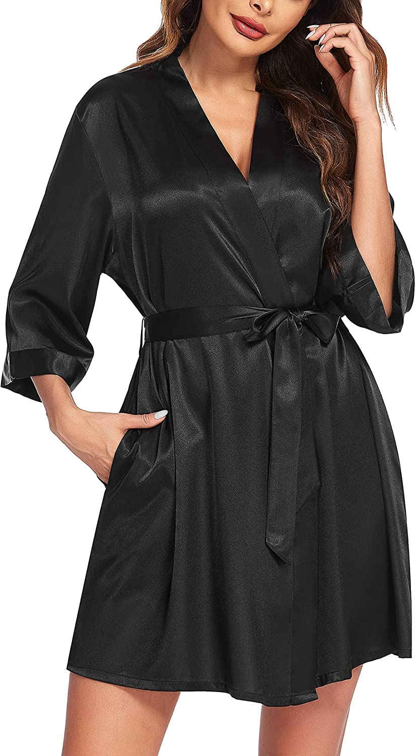 Price:$20.89 Women Satin Kimono Robes Sexy Silky Bathrobe Lace V-Neck Bridesmaid Bride Party Robe Soft Sleppwear with Pocket at Amazon Women’s Clothing store