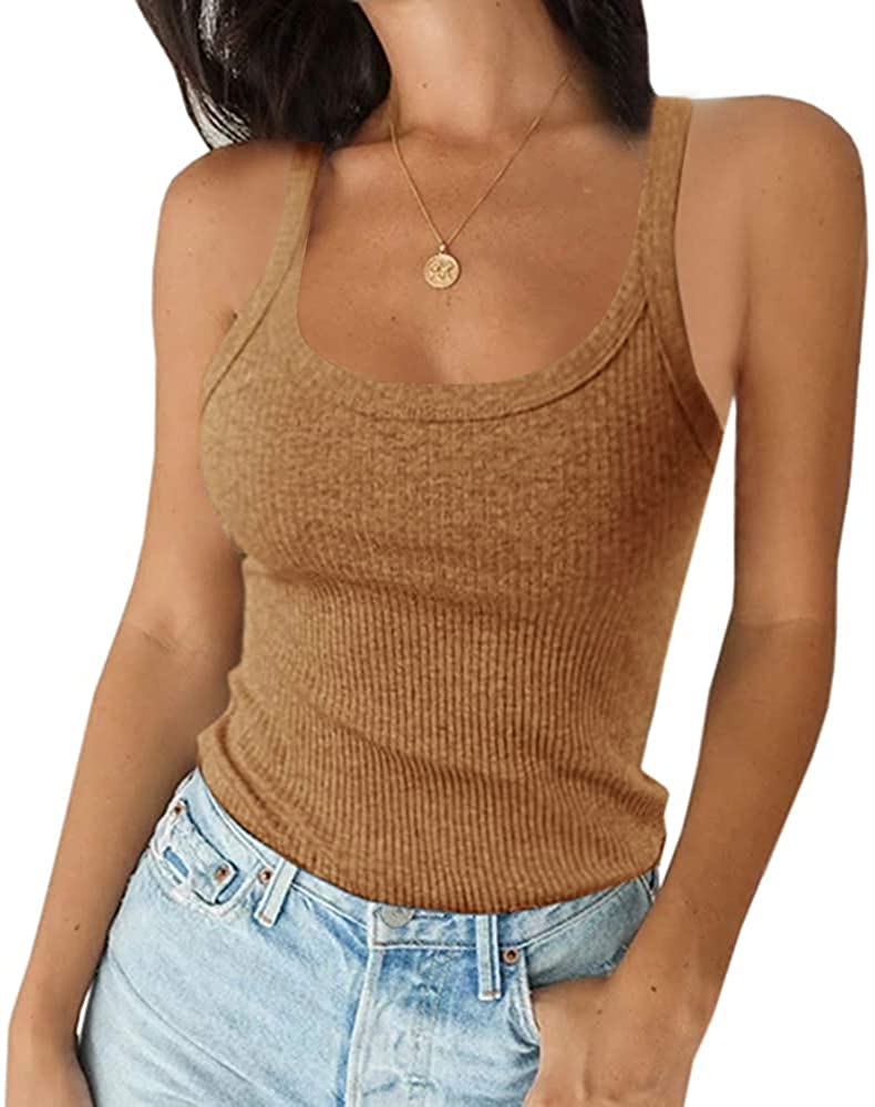 Price:$15.99 Women's Scoop Neck Ribbed Tank Tops Workout Sleeveless Summer Casual Fitted Cami Shirt at Amazon Women’s Clothing store