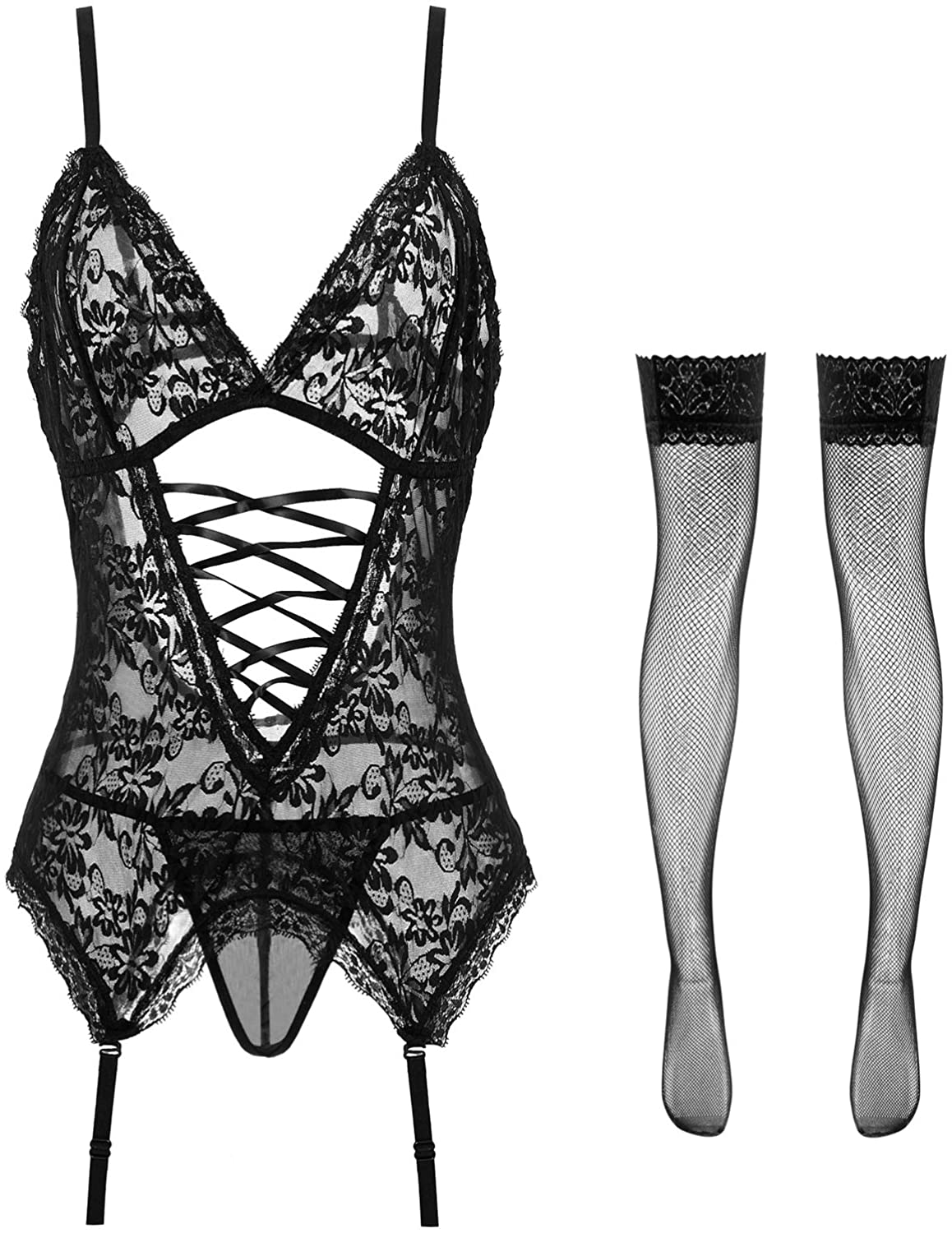 Price:$17.99 Womens Lingerie Stretchy Lace Teddy Plus Size Bodysuit Chemise Nightwear with Stockings Size S-XXXXL at Amazon Women’s Clothing store