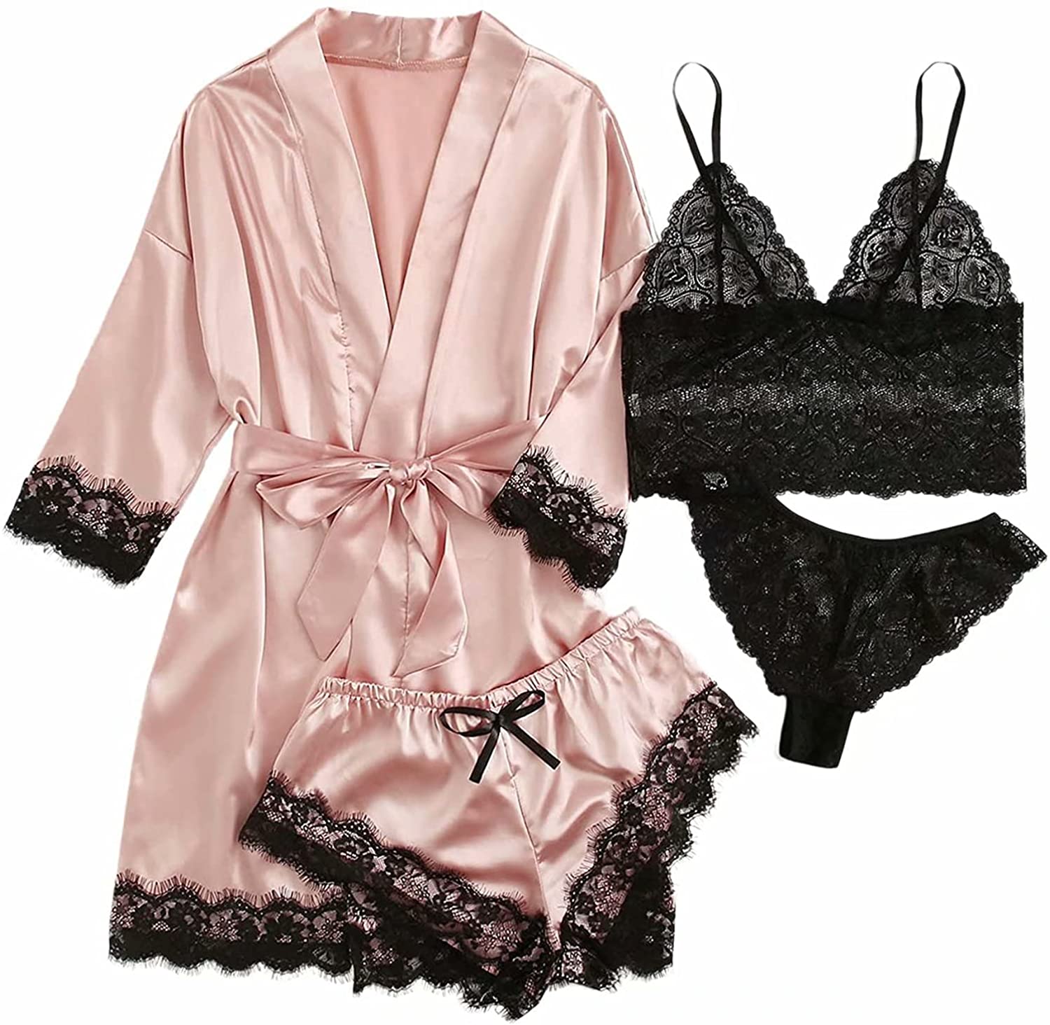 Price:$16.99 4pcs Women's Satin Pajama Set with Robe Cami Sleepwear Floral Lace Trim Satin Shorts Sexy Lingerie Plus Size: Clothing, Shoes & Jewelry