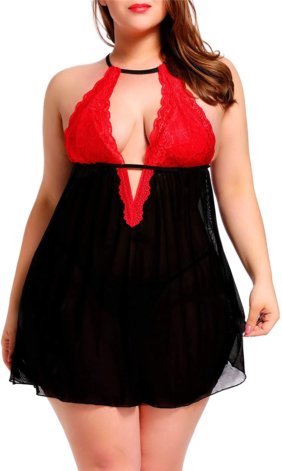 Price:$13.88 Women's Plus Size Lingerie Sexy Sheer Lace Babydoll Mesh Strap Chemise Halter V Neck Sleepwear at Amazon Women’s Clothing store
