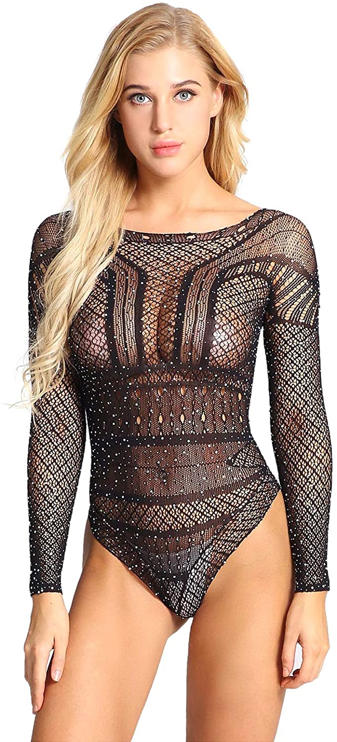 Price:$16.96 Sexy Sparkle Rhinestone Teddy Fishnet Long Sleeve One Piece Bodysuit Sheer Mesh Jumpsuit Leotard Tops Lingerie Glitter Lace Babydoll Sleepwear Nightwear Dance Party Clubwear Black One Size: Clothing, Shoes & Jewelry