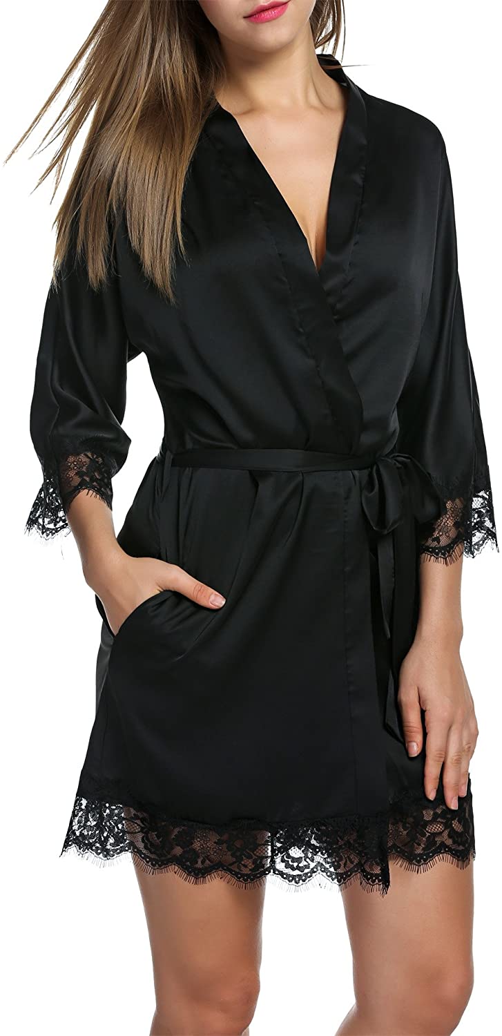 Price:$13.59 Satin Rrobes for Women Silk Bathrobe Short Kimono Robes with Oblique V-Neck Bridesmaid Wedding Party Dressing Gown at Amazon Women’s Clothing store