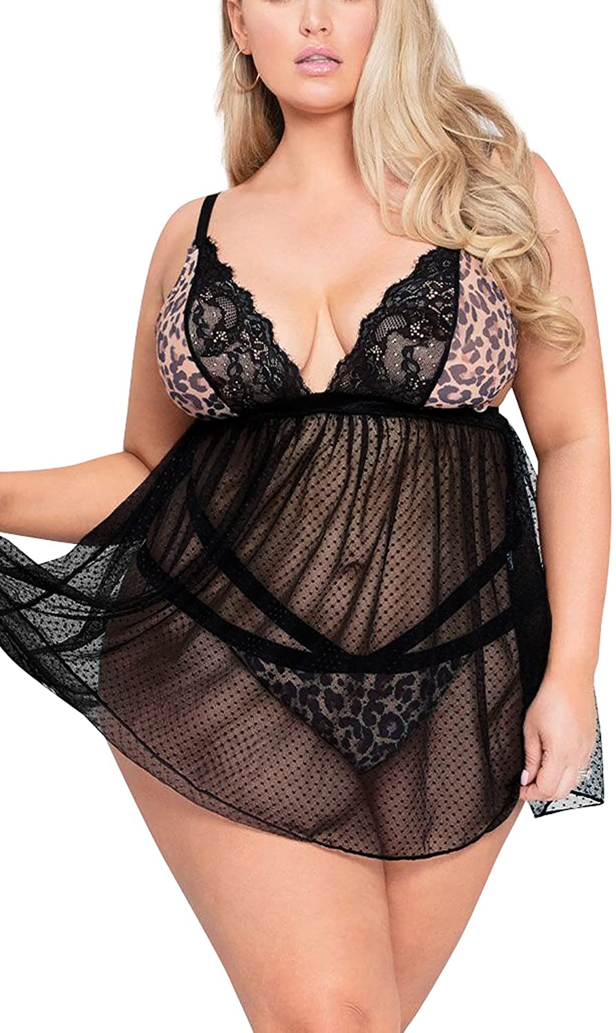 Price:$13.99 Plus Size Lingerie Lace Strappy Leopard V Neck Babydoll Strap Chemise Sleepwear Nightie at Amazon Women’s Clothing store