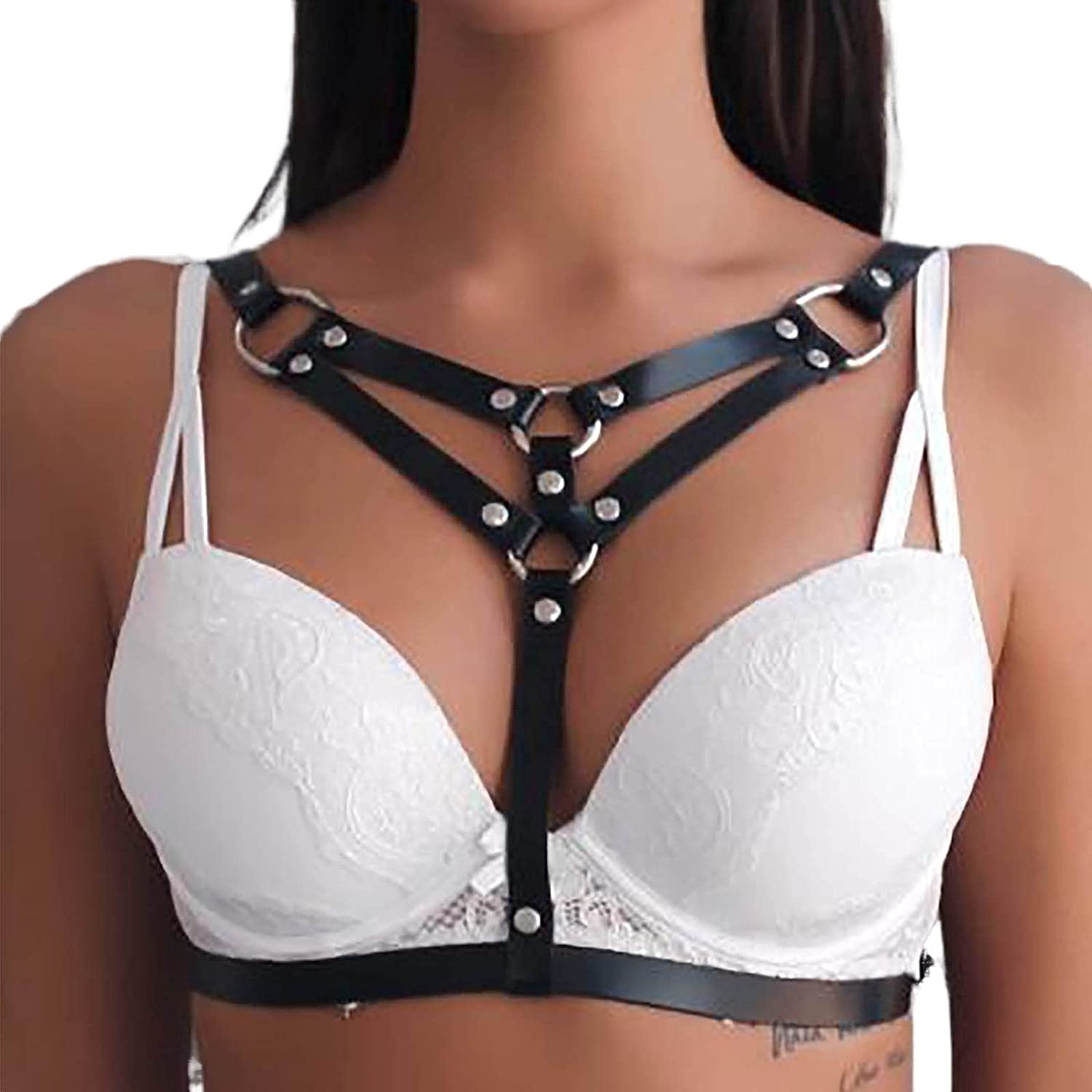 Price:$15.66 Punk Leather Body Bra Harness Sexy Charm Body Chains Black Chest Jewelry Summer Halter Lingerie Belly Belt Nightclub Prom Party Body Accessory for Women : Clothing, Shoes & Jewelry