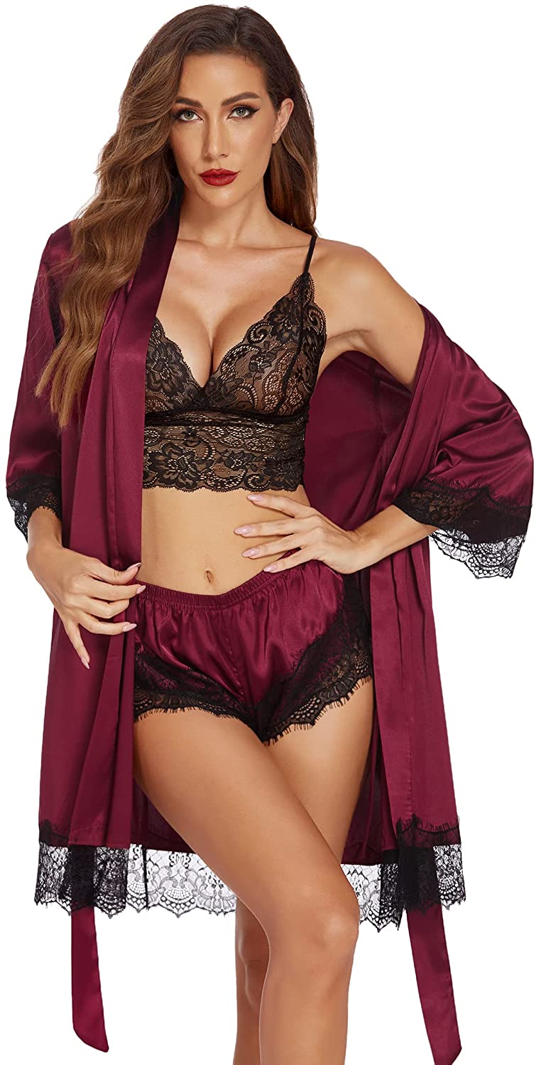Price:$33.99 Sleepwear for Women Satin Pajama 3 Piece Lingerie Lace Cami Pj Set Sexy V Neck Robe with 3/4 Sleeve: Clothing, Shoes & Jewelry