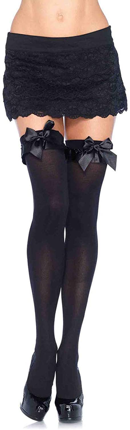 Price:$9.99 Avenue Women's Satin Ruffle Trim and Bow Thigh Highs, Black, One Size: Knee High Socks: Clothing, Shoes & Jewelry