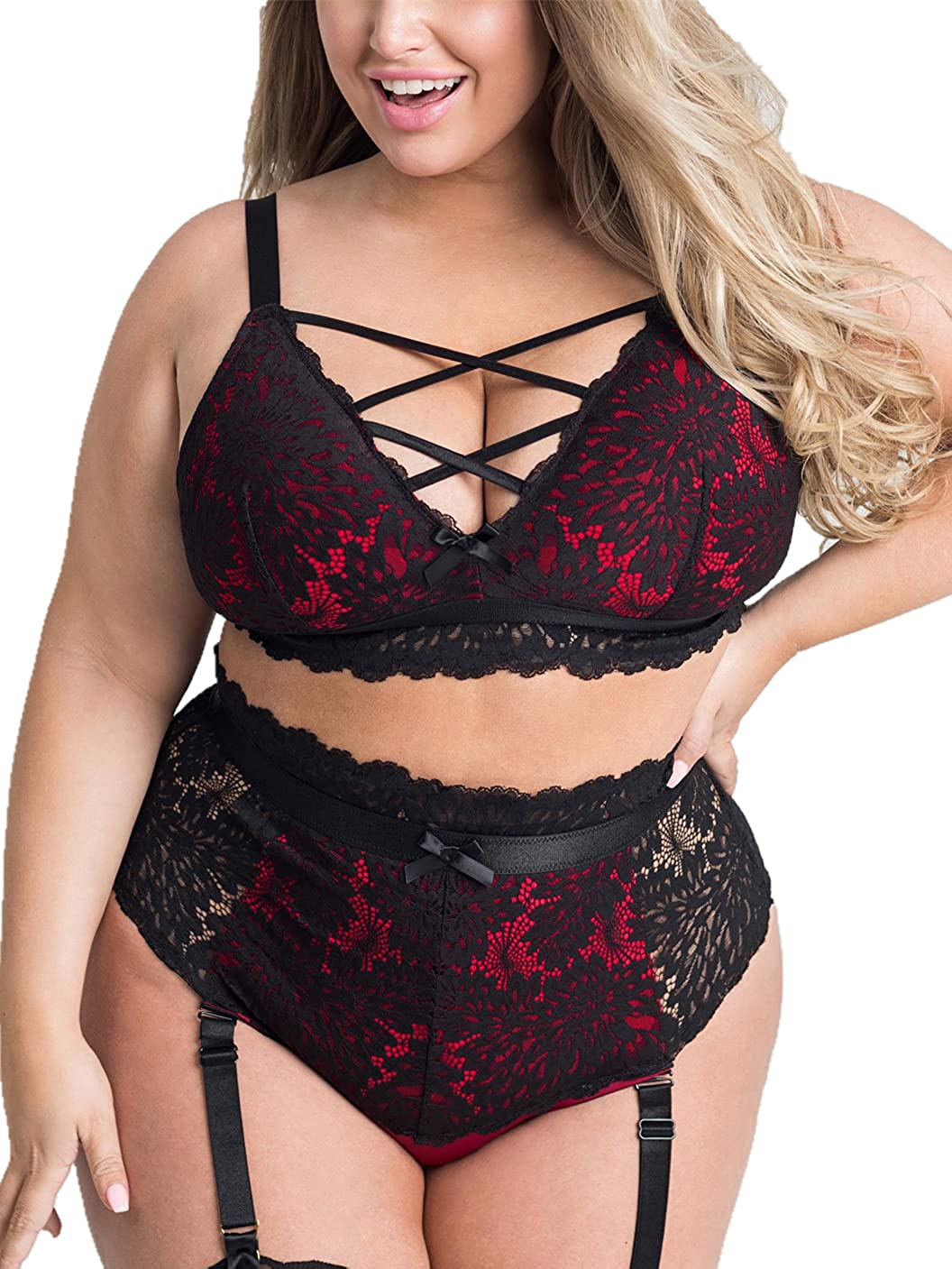 Price:$19.69 Plus Size Lingerie Set Sexy Bra Underwear Set Lace Cups with High Waisted Suspender Thong: Clothing, Shoes & Jewelry
