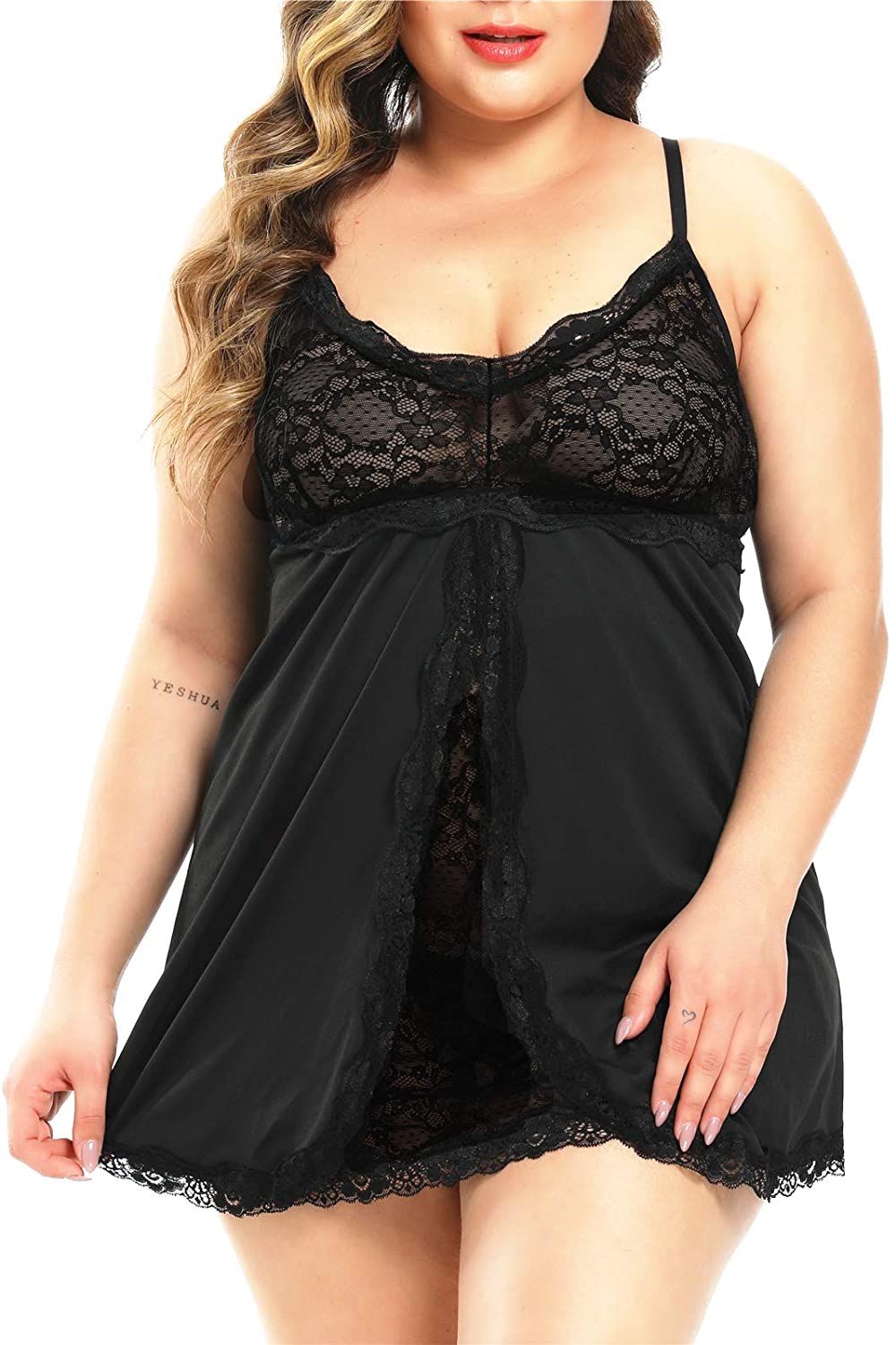 Price:$16.88 Plus Size Lingerie for Women Lace Babydoll Split Mesh Chemise V Neck Backless Halter Sleepwear at Amazon Women’s Clothing store