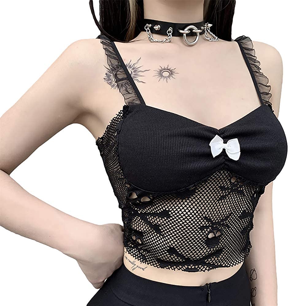 Price:$9.99 Crop Top Aesthetic Harajuku Camis Black Mall Goth Graphic Print Sexy Crop Top Ruffles Backless Outfit at Amazon Women’s Clothing store