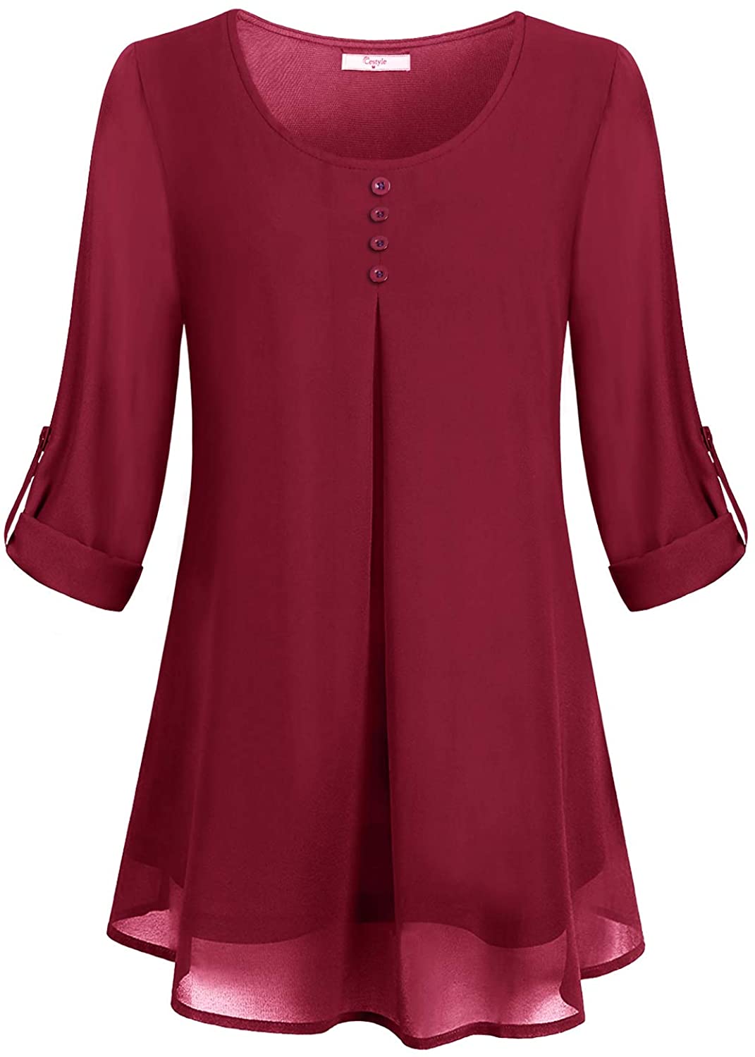 Price:$15.99 Women's Roll-up Long Sleeve Round Neck Layered Chiffon Flowy Blouse Top at Amazon Women’s Clothing store