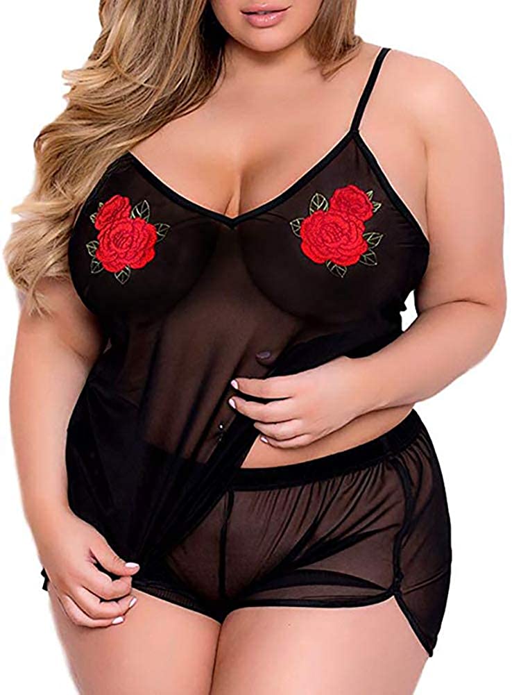 Price:$12.88 Size Lingerie for Women, Sexy See Through Rose Cami Set Sheer Mesh Top Short Pajamas Sleepwear at Amazon Women’s Clothing store