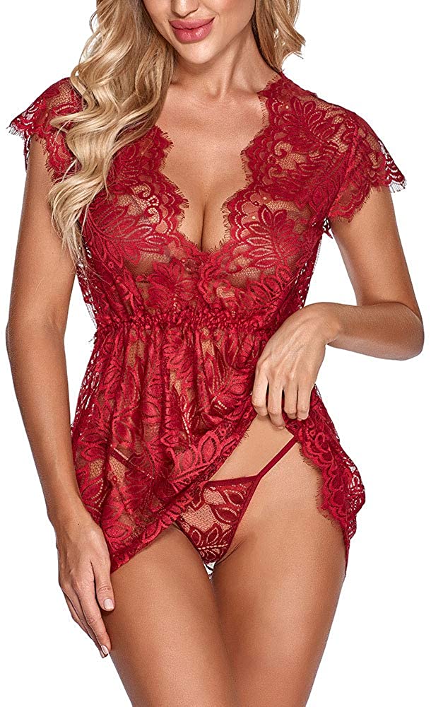 Price:$14.99 Love Eyelash Lace Sexy Lingerie Chemises Negligees Mesh Babydoll Deep V Neck Teddy Lace Women's Sleepwear at Amazon Women’s Clothing store