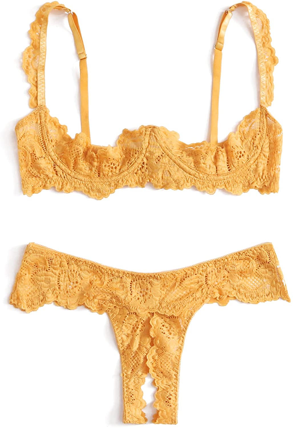Price:$16.99 Women's Sheer Lace Embroidered Two Piece Ruffle Strap Cut Out Lingerie Set: Clothing, Shoes & Jewelry