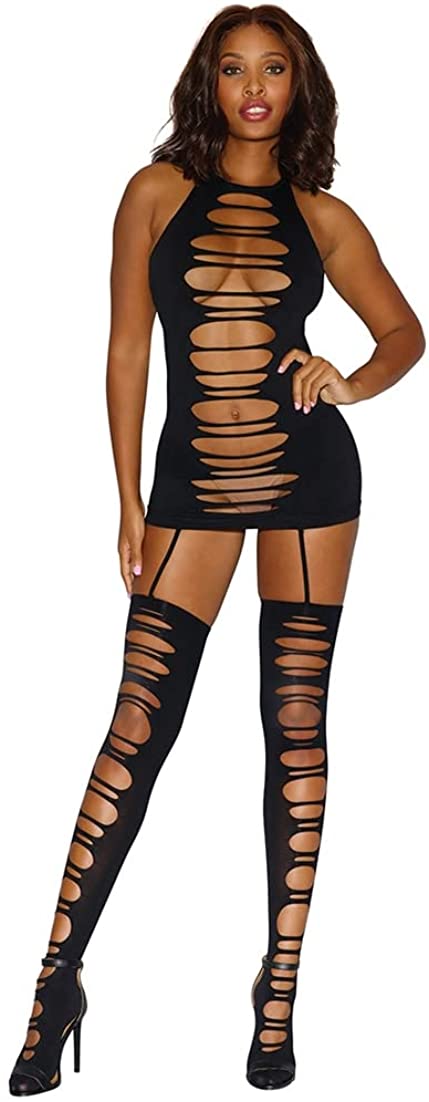 Price:$22.00 Women's Seamless Opaque Dress with Slash Details and Attached Thig-Highs, Black, One Size: Clothing, Shoes & Jewelry