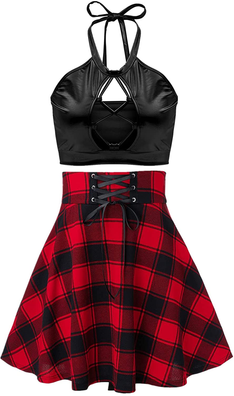 Price:$23.98 Women Plaid Skirt Set Schoolgirl Outfits Steampunk Gothic Outfit Cosplay Costumes Skater Tennis Pleated Skirts: Clothing, Shoes & Jewelry