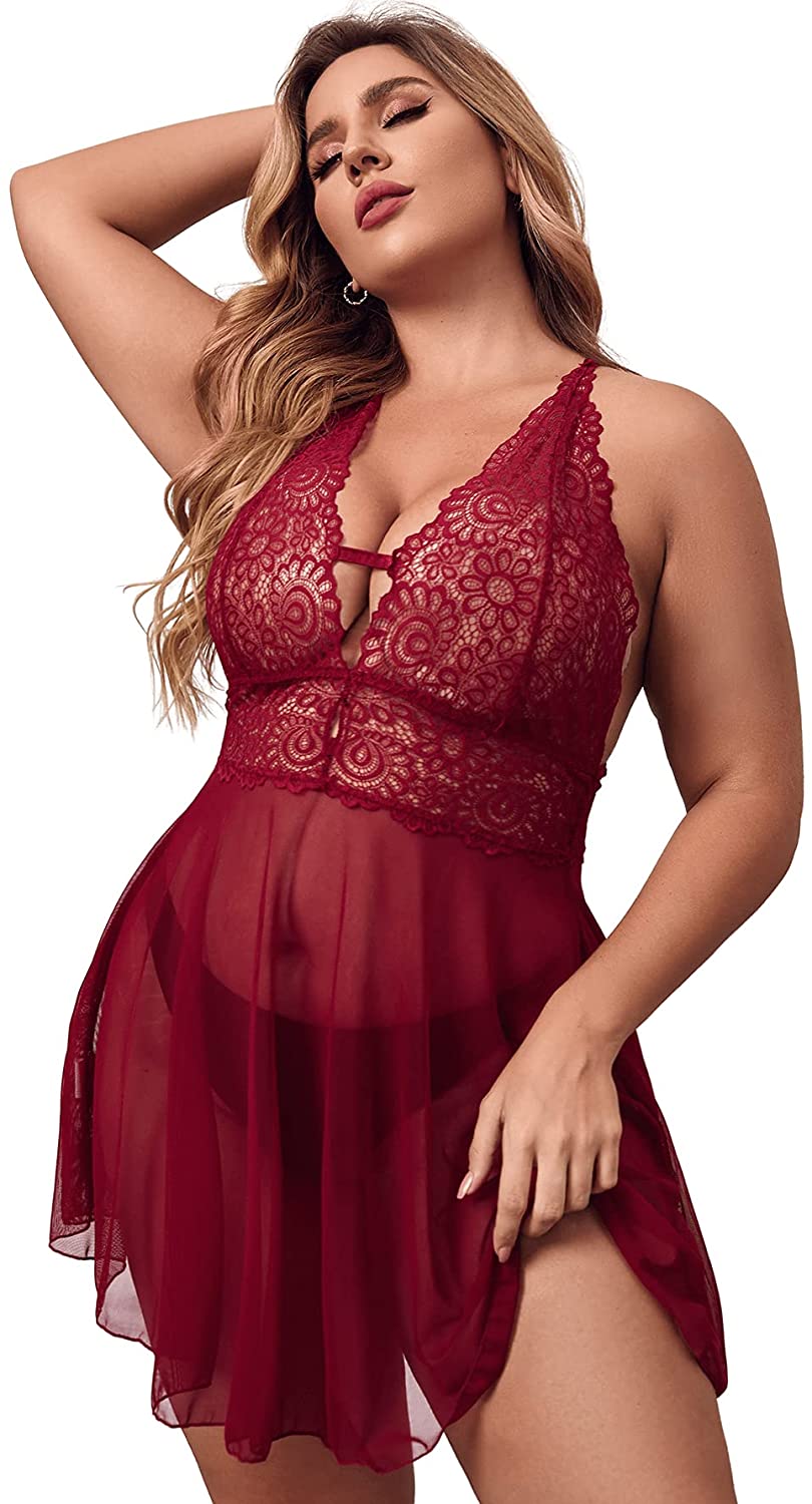 Price:$15.99 Women's Plus Size Sexy Mesh Deep V Neck Lingerie Babydoll Sleepwear Lace Chemise with Thong at Amazon Women’s Clothing store