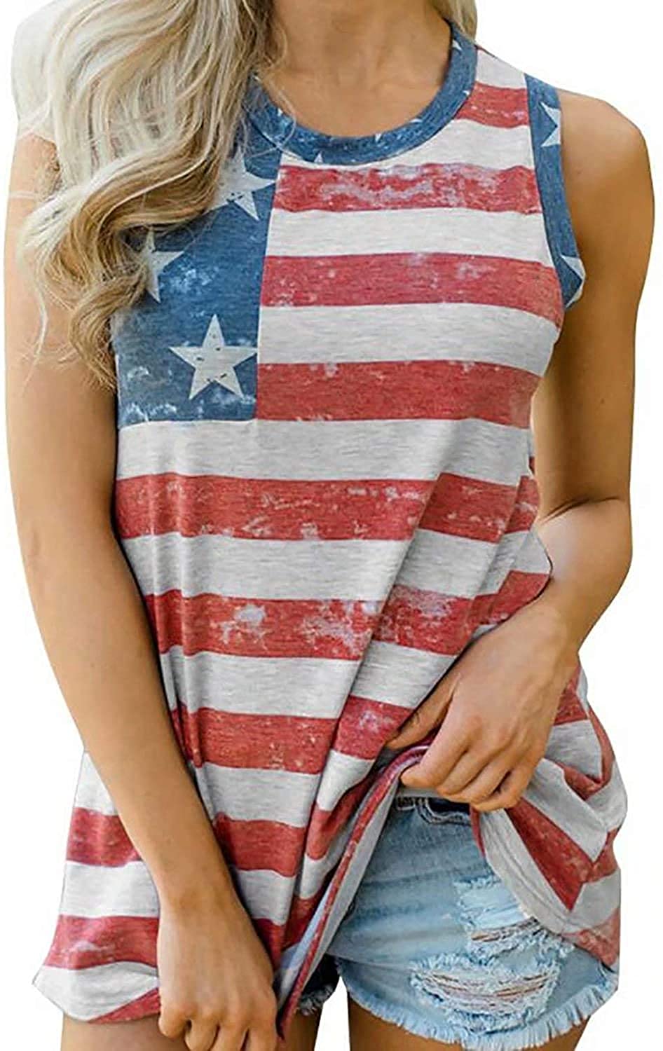 Price:$8.99 Womens American Flag Tank Tops 4th of July Loose Sleeveless Stars Stripes Patriotic T Shirt at Amazon Women’s Clothing store