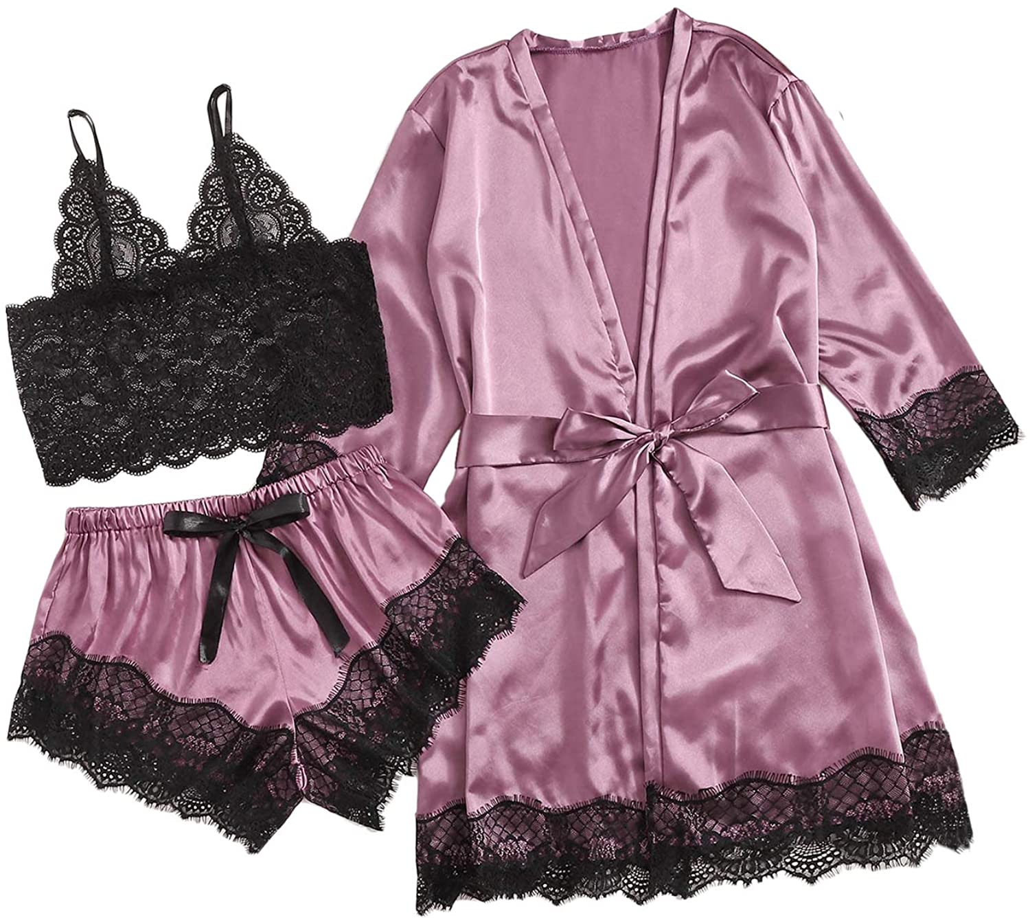 Price:$19.99 Women's Lace 3 Piece Satin Robe and Pajama Set with Robe Camisole Sleep Shorts: Clothing, Shoes & Jewelry