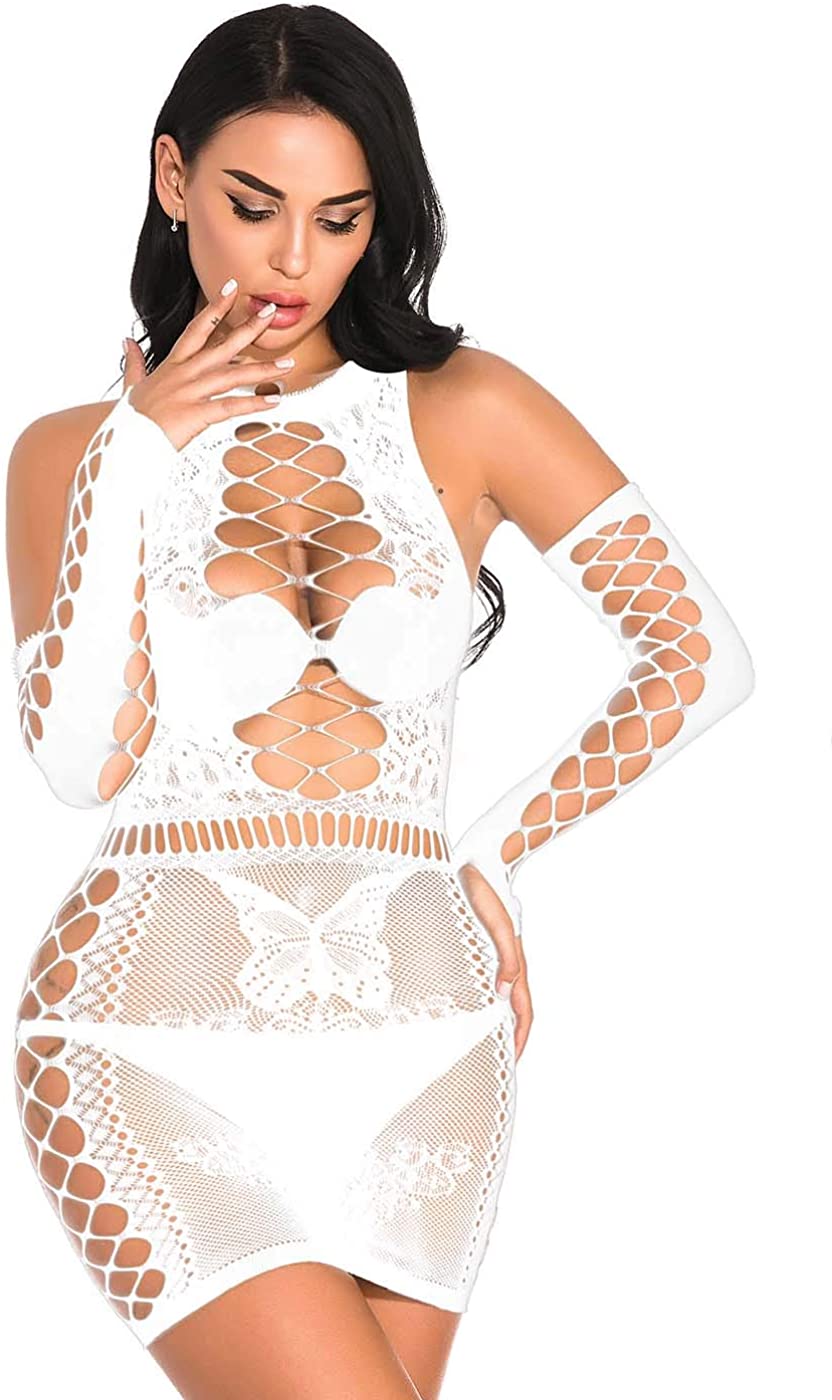 Price:$8.66 Women’s Lingerie Sexy Teddy Bodysuit Fishnet Lingerie Plus Outfit Babydoll Mesh Chemise with Gloves (White): Clothing, Shoes & Jewelry