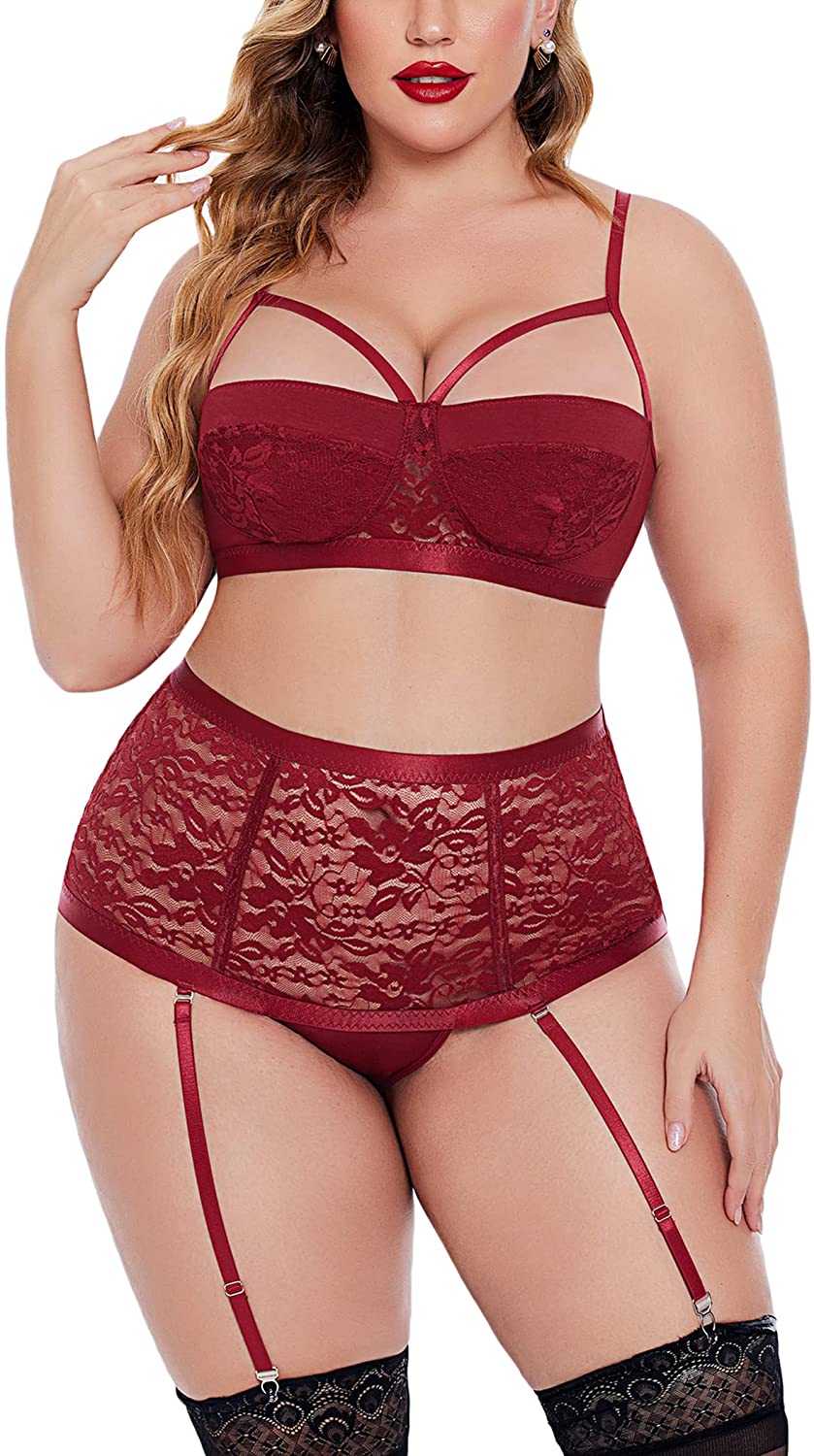 Price:$14.86 Plus Size Lingerie Set for Women Sexy Strappy lace Bra High Waist Panty with Garter Belt : Clothing, Shoes & Jewelry