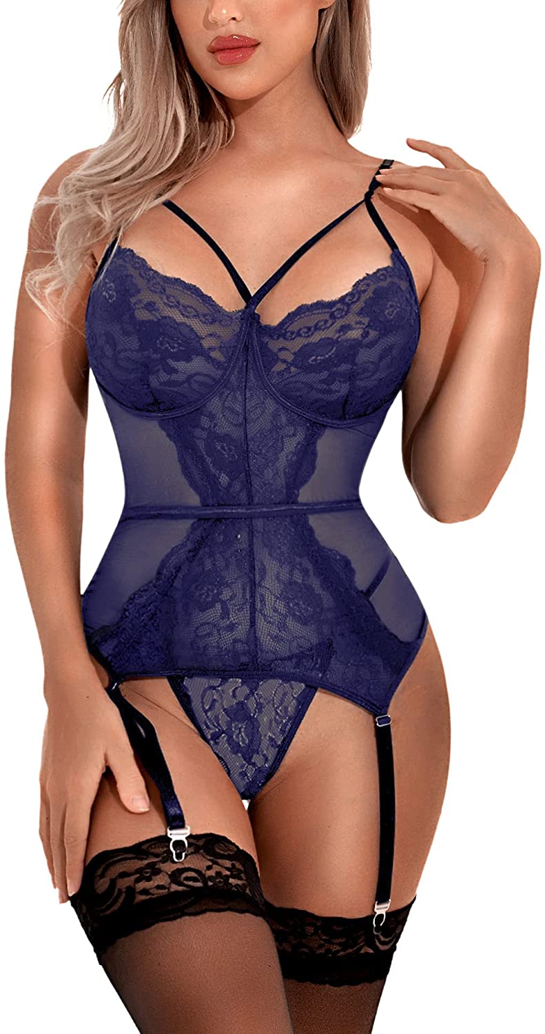 Price:$16.99 Women Garter Belt Lingerie Set Lace Bodysuit Bustier Sexy Corset Lingerie, No Stocking: Clothing, Shoes & Jewelry