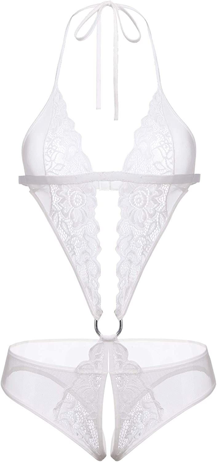 Price:$14.99 Women Teddy Lingerie Deep V Halter One Piece Babydoll Mini Lace Bodysuit S~XXL at Amazon Women’s Clothing store