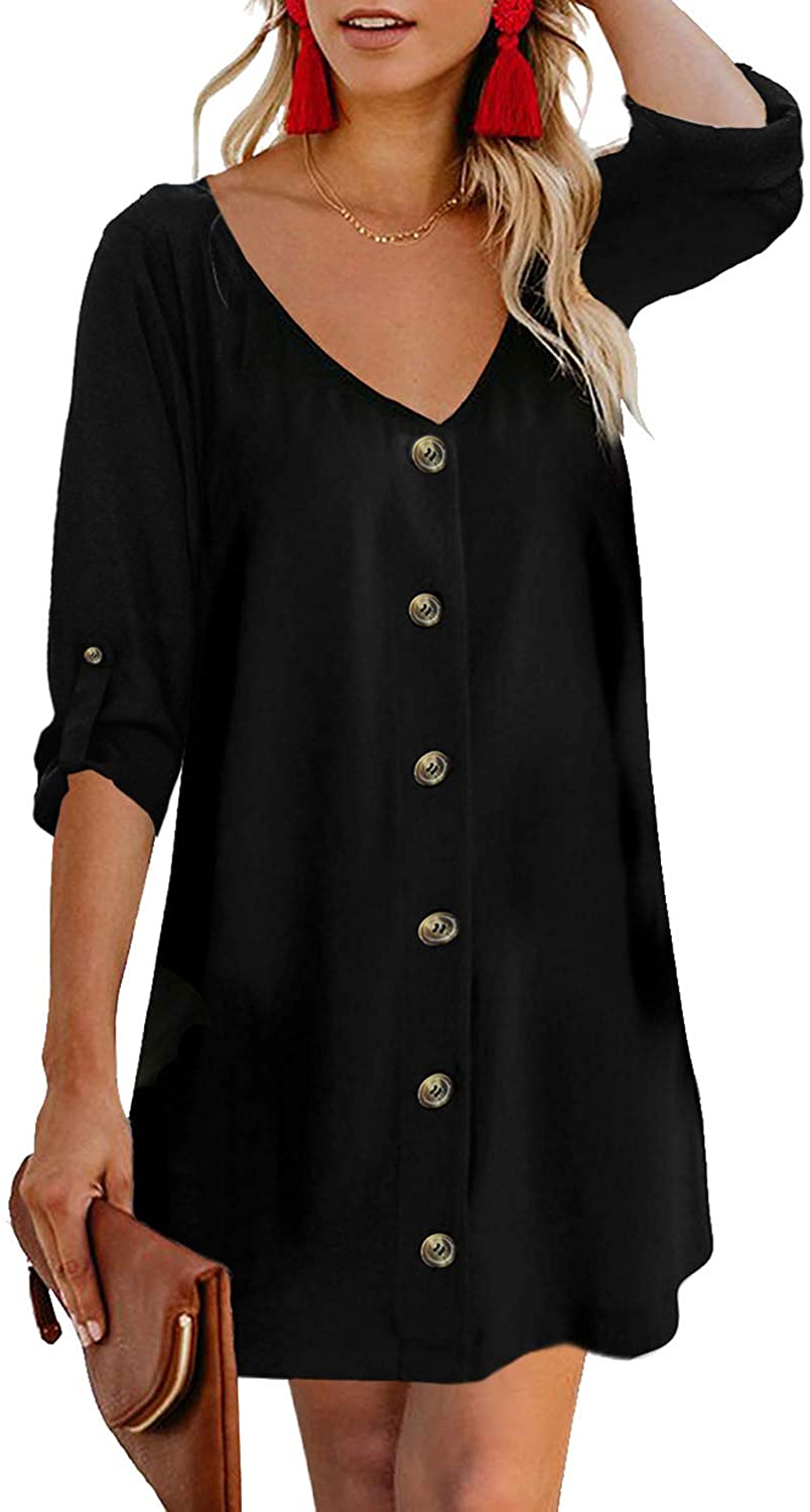 Price:$19.99 Women Summer Spaghetti Strap Button Down V Neck Sleeveless Casual Mini Dress at Amazon Women’s Clothing store