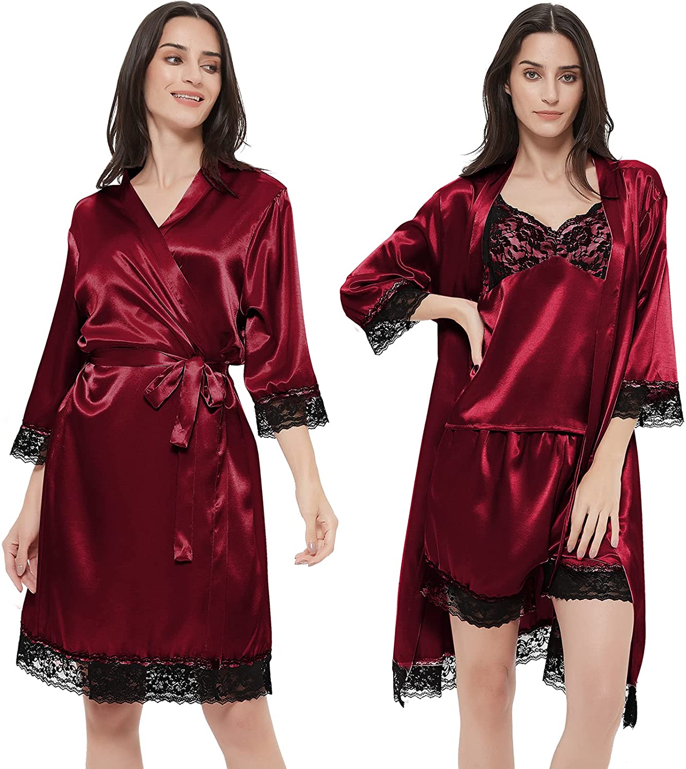 Price:$18.99 Sleepwear Lace Satin Cami Pajama Set with Robe Sexy Lingerie Nightwear Bridal PJ Set at Amazon Women’s Clothing store