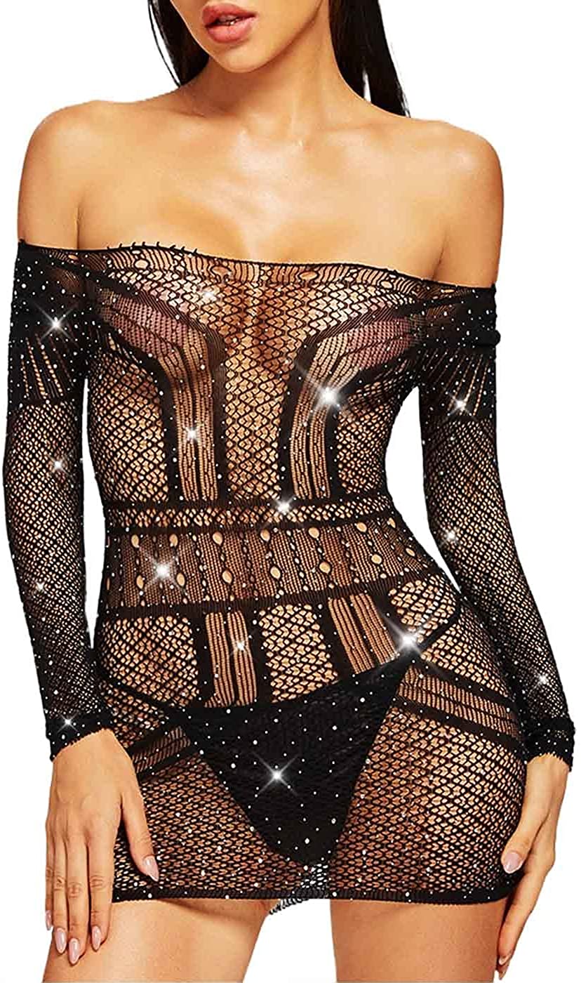Price:$9.66 Women's Fishnet Lingerie Sparkly Rhinestone Bodysuit Sexy Long Sleeve Teddy Lingerie Mesh Chemise Babydoll Outfit Black: Clothing, Shoes & Jewelry