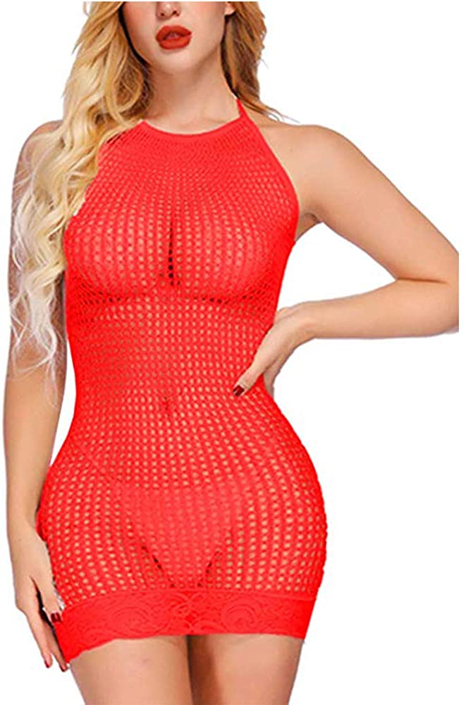Price:$8.60 Lingerie Fishnet Lace Babydoll Halter Stretch Chemise Sexy Mini Dress for (red) at Amazon Women’s Clothing store
