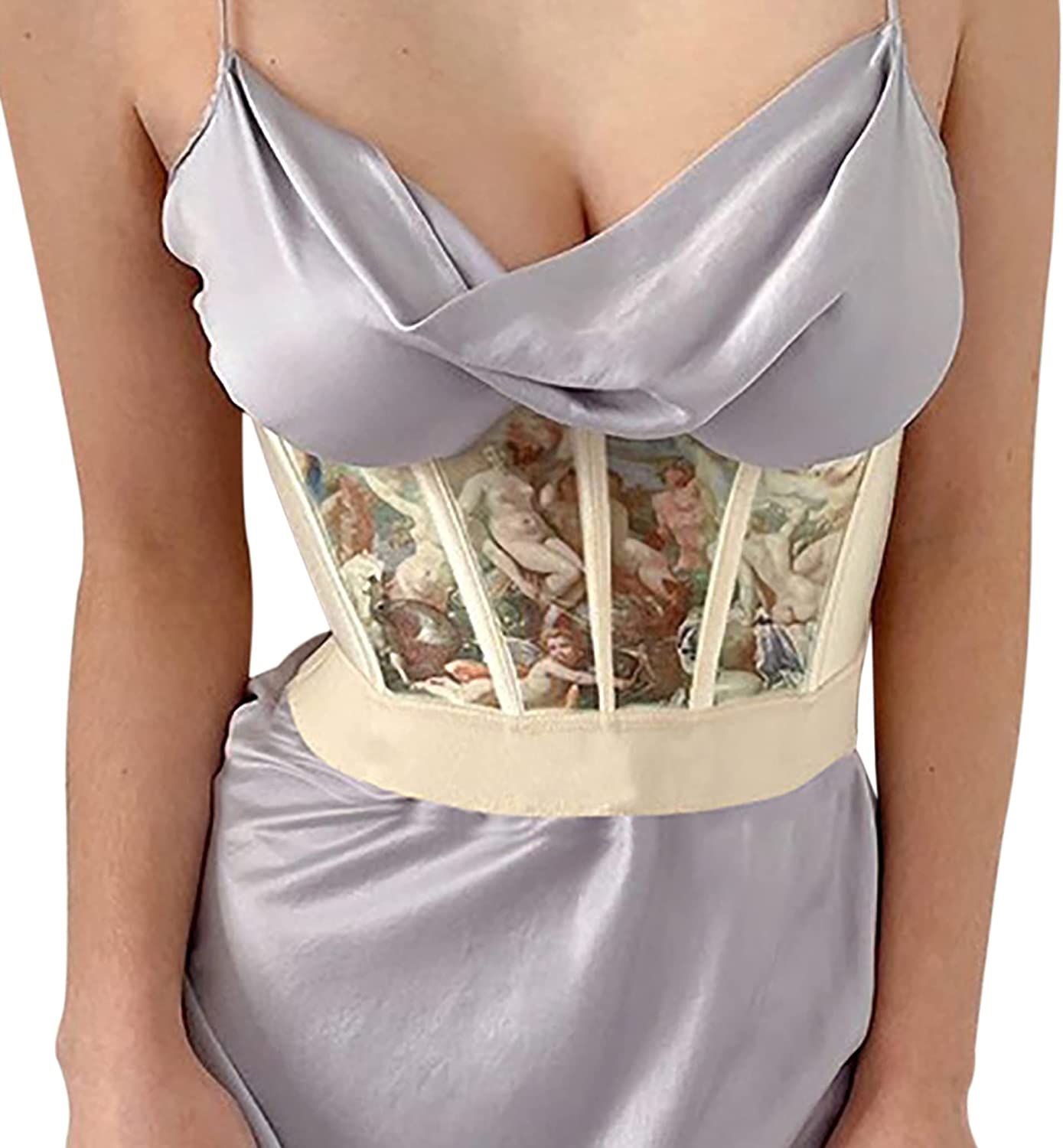 Price:$15.99 Women Push Up Corset Satin Oil Painting Print Overbust Waist Bonded Bustier Strapless Cincher Tube Top at Amazon Women’s Clothing store