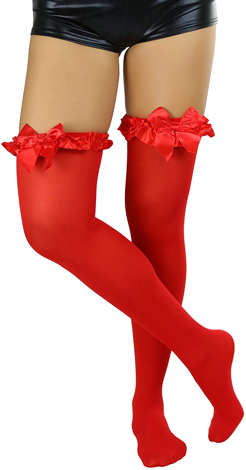 Price:$13.95 Women’s Opaque Thigh High w/Ruffle Trim Top Sexy Satin Bow Detail - One Size - Red W/Red Satin Bow Detail: Pantyhose: Clothing, Shoes & Jewelry