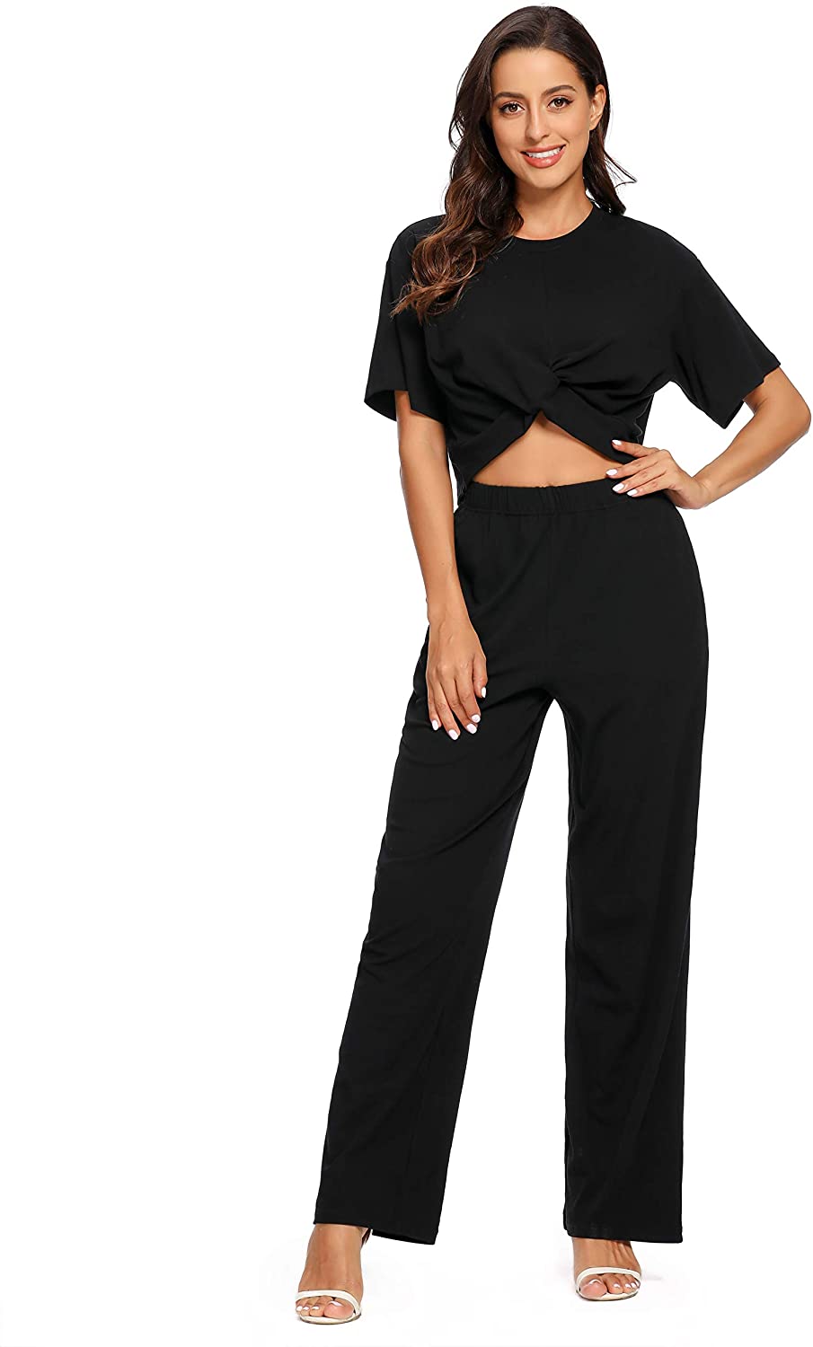 Price:$8.99 Two Piece Outfit Short Sleeve Crewneck Pullover Tops and Long Pants Sweatsuits Tracksuits Black at Amazon Clothing store
