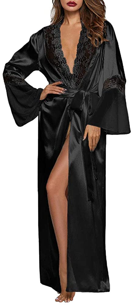 Price:$9.99 Womens Long Robe Kimono Satin Gown Lingerie S-XXL at Amazon Women’s Clothing store