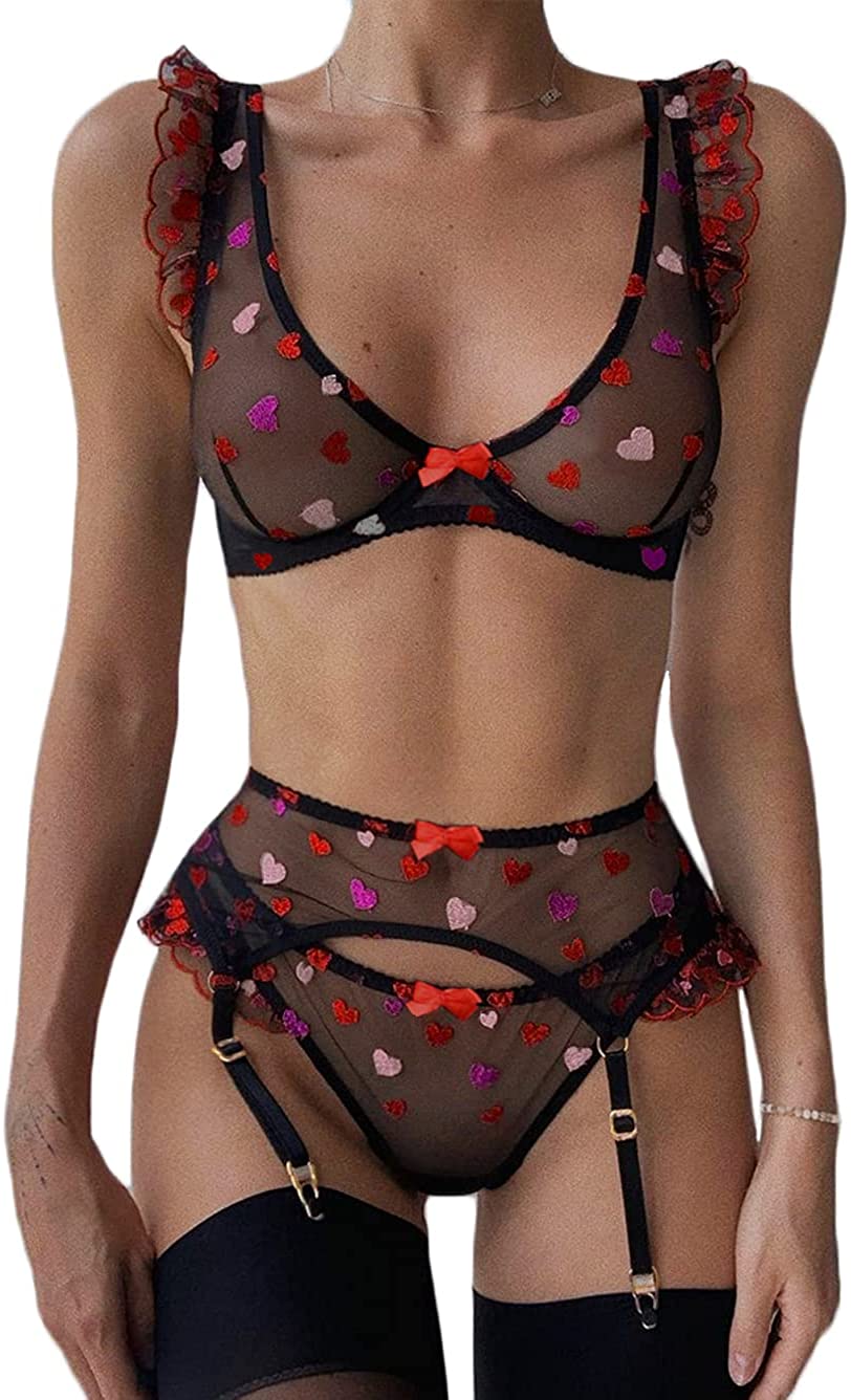 Price:$18.99 Heart Embroidered Mesh Sheer,Underwire Ruffle,High Waisted Belt,Garter Lingerie Set: Clothing, Shoes & Jewelry
