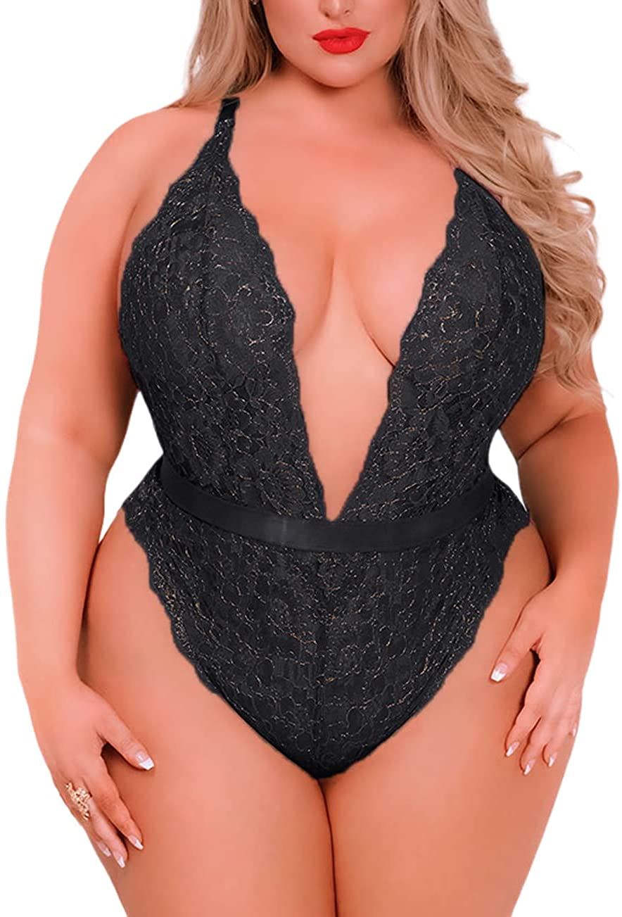 Price:$13.99 Size Lingerie for Women Sexy Lace Teddy Bodysuit Underwear Black One Piece V-Neck Nightwear: Clothing, Shoes & Jewelry