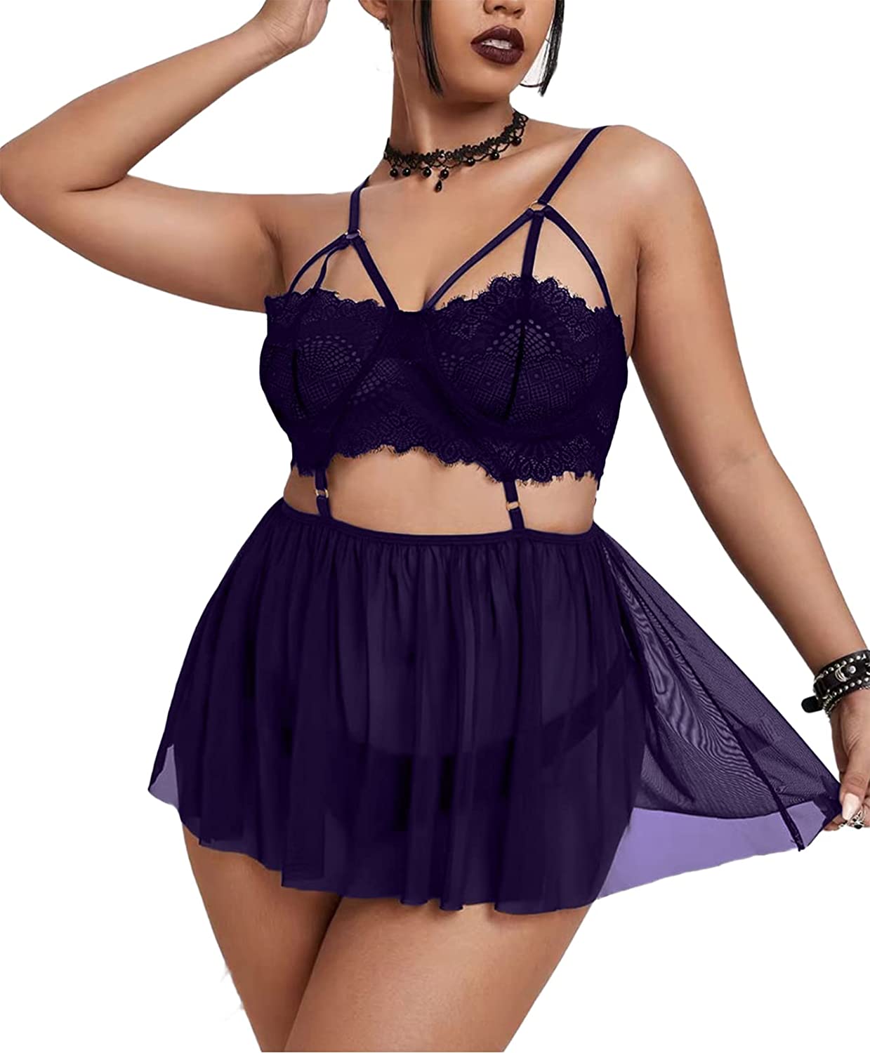 Price:$15.88 Sexy Plus Size Lingerie Sheer Lace Babydoll Strappy Exotic Sleepwear Eyelash Split Cup Chemise XL-4XL at Amazon Women’s Clothing store