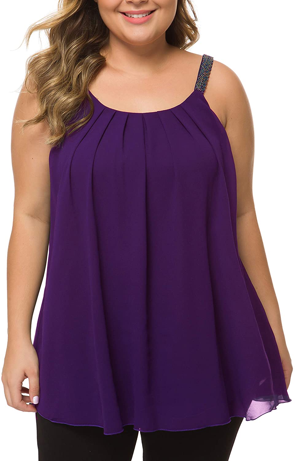 Price:$9.99 Women's Plus Size Cami Casual Pleated Chiffon Tank Top with Beaded Strap at Amazon Women’s Clothing store