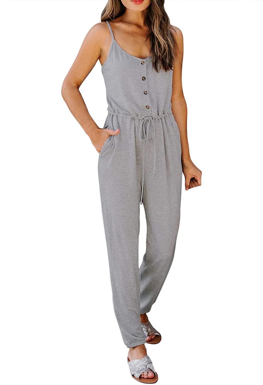 Price:$26.99 Women's Straps V Neck Jumpsuit Button Drawstring Waisted Rompers : Clothing, Shoes & Jewelry