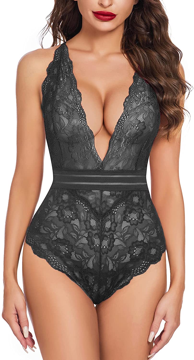 Price:$13.99 Women Snap Crotch Lingerie Deep V Teddy Bodysuit One Piece Lace Babydoll at Amazon Women’s Clothing store