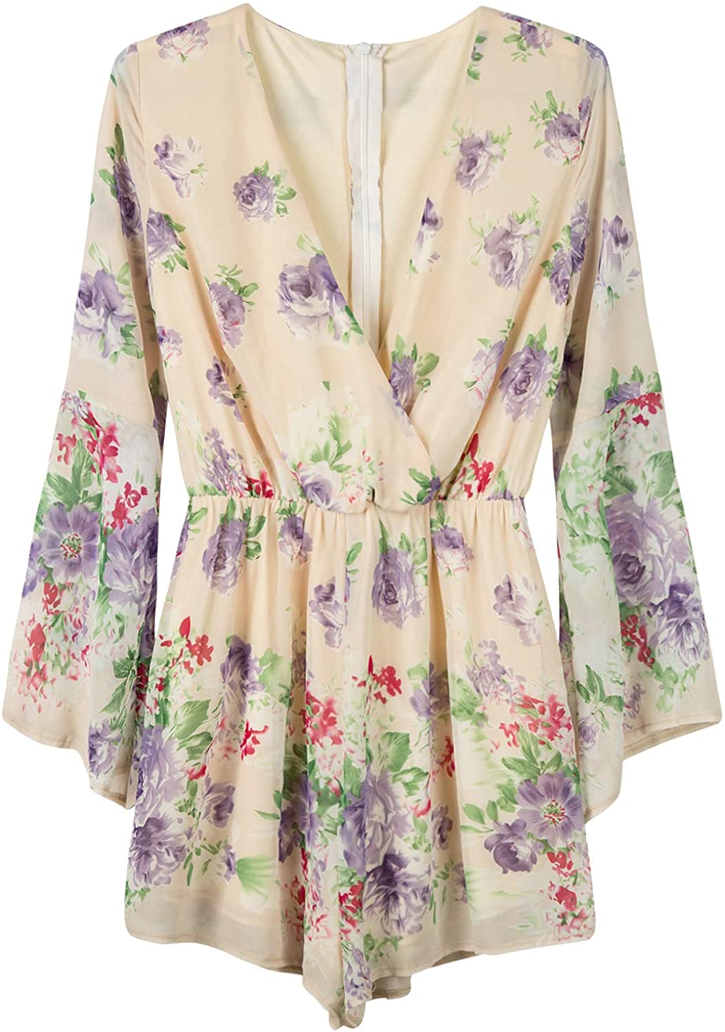 Price:$9.99 Women Limited Black Floral Print Romper Playsuit with Long Flare Sleeves : Clothing, Shoes & Jewelry