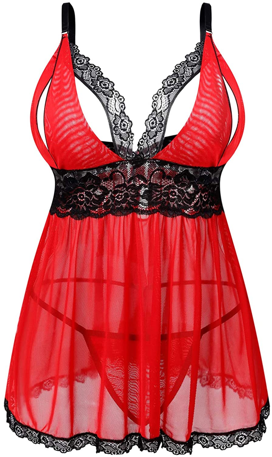 Price:$12.99 Women's Sexy Plus Size Lingerie - Split Cup Lace Babydoll Sleepwear Chemise Set 2XL,3XL,4XL at Amazon Women’s Clothing store