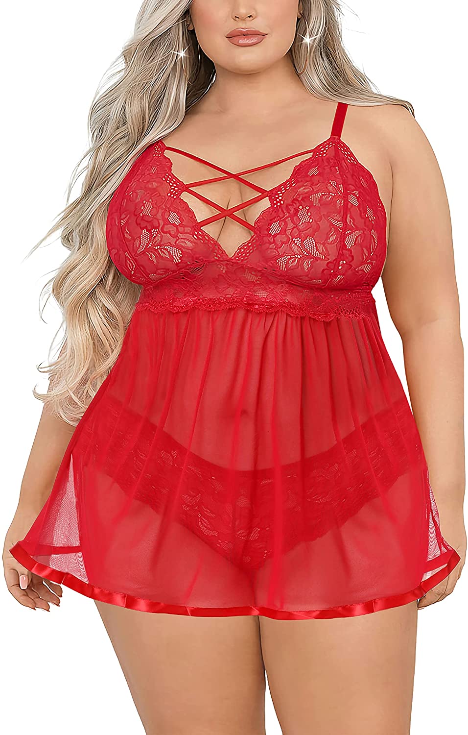 Price:$15.99 Plus Size Lingerie Sets, Sexy Open Back Babydoll Strappy Lace Chemise at Amazon Women’s Clothing store