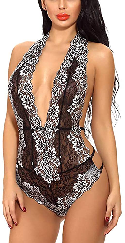 Price:$7.99 Womens Open Back Halter Lace Teddy Sexy Lingerie Babydoll Bodysuit at Amazon Women’s Clothing store