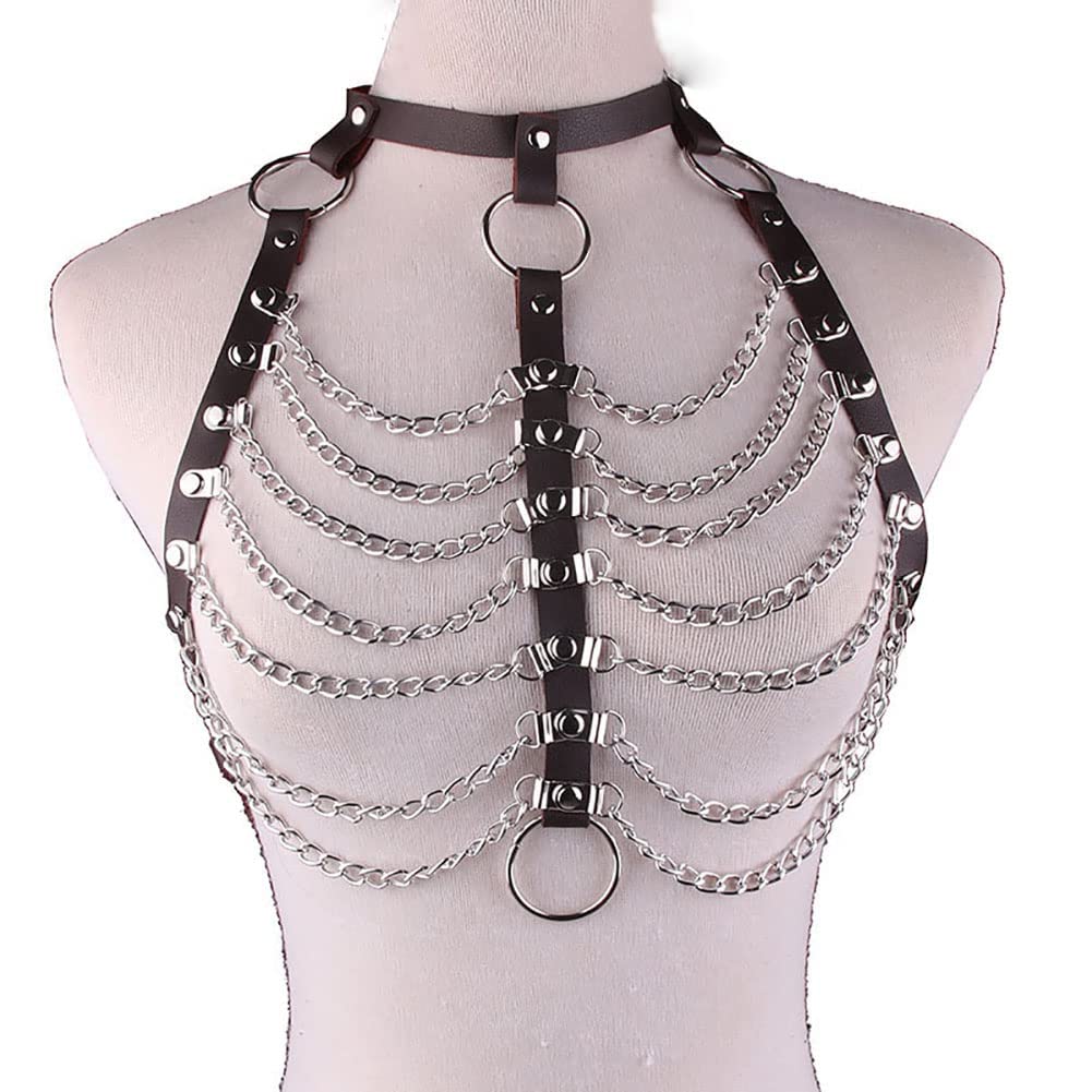Price:$18.66 Punk PU Multi-layer Sexy Bra Bikini Body Chain Circle Chest Chain Harness Body Chain Rock Rave Jewelry Adjustable for Women and Girls : Clothing, Shoes & Jewelry