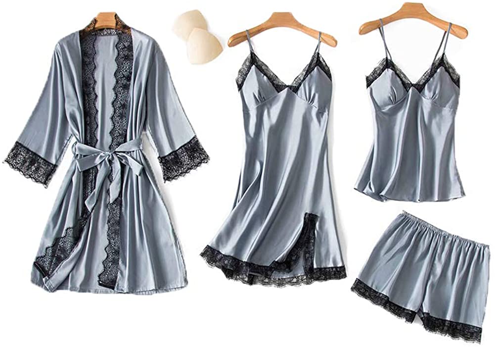 Price:$25.63 Women's 4pcs Silk Satin Pajama Set Cami Top Nightgown Lace Sleepwear Robe Sets Sexy Nightdress with Chest Pads at Amazon Women’s Clothing store